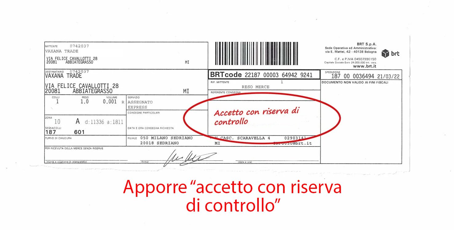 Esempio dicitura 'Accetto con riserva di controllo' sulla ricevuta del trasportatore